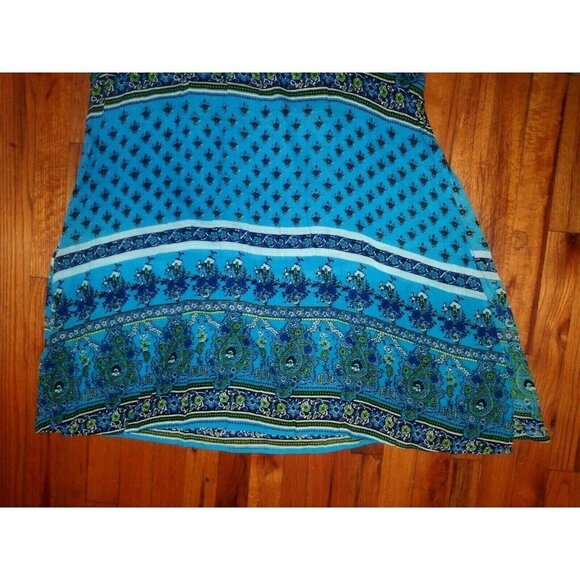 Womens L maxi skirt Cottagecore Peasant modest Boho printed teal blue side slits - Picture 4 of 11